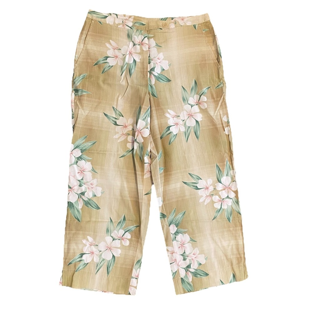 Tommy Bahama Womens 8 Silk Trousers Tan Floral Plaid Y2K Wide Leg Pants
